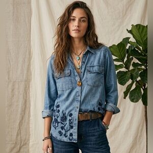 Her Story Embroidered Denim Button Down Shirt 2XL Floral Boho